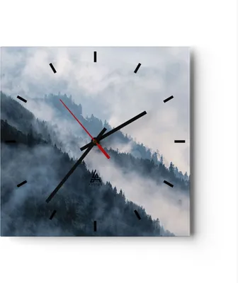 Produktbild von Wanduhr - Quadrat - Glasuhr - Berge Nebel Bäume - 30x30cm - Schleichendes Uhrwerk - Lautlos - zum Aufhängen bereit - Dekoration Modern - Wanddekoration aus Glas - C3AC30x30-4429