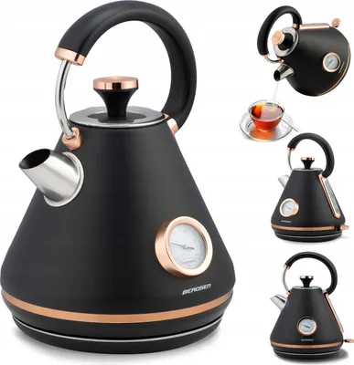 A collage of images showing a black retro-style electric kettle with copper accents, including a close-up of the handle and spout, and smaller images showing the kettle in use pouring tea and a side view.
