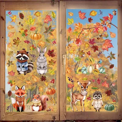 Image de Autocollants pour fenêtres, thème automne : feuilles d'érable, citrouilles, animaux, lot de 9, en PVC