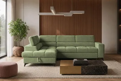Produktbild von Sofiland BEVIANO L Ecksofa Schlaffunktion Bettkasten 275 cm Chenille Grün links