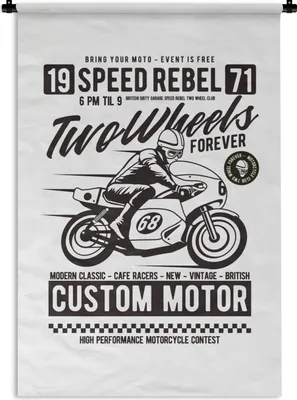 Produktbild von MuchoWow® Wandteppich Wandbehang Motorrad - Mann - Vintage - Zeichnung 60x90 cm Tapisserie Dekoration Wandtuch - Foto-Teppich - Abwaschbar