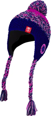 A knitted hat with ear flaps and braided ties.