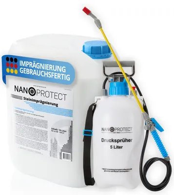 Produktbild von Nanoprotect Steinimprägnierung 10 L inkl. Drucksprüher | Vorbeugend gegen Grünbelag und Schmutz | Ideal für Pflastersteine, Beton und Naturstein | 10 L für ca. 80 – 120 m²