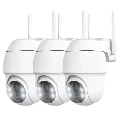 Three white wireless security cameras are arranged side-by-side against a white background.
