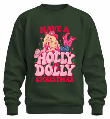 Immagine prodotto di Felpa con cappuccio a maniche lunghe, stile country, con la scritta "Have A Holly Dolly Christmas" e l'immagine di Dolly Parton, colore verde bottiglia, taglia S