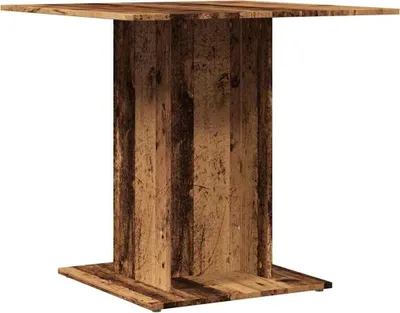 A square table with a pedestal base, made of wood-look material.