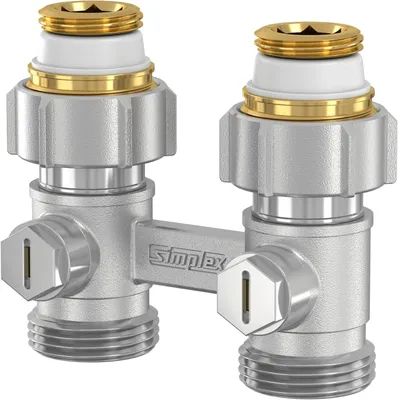 Productafbeelding van Tweekoppige afsluitblok, doorgang, 50 mm afstand tussen leidingen, aansluitingen 3/4" x 1/2", voor radiatoren