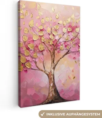 Produktbild von MuchoWow® - Leinwandbilder - Baum - Rosa - Gold - Modern, Wandbild, Wanddeko Bilder Wohnzimmer, 80x120cm