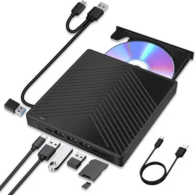 Image de Lecteur CD/DVD +/-RW portable USB 3.0 avec 4 ports SD/TF et un port USB-C.