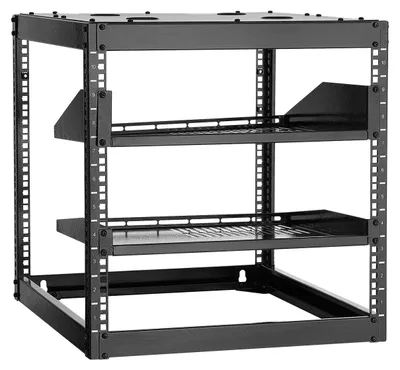 Image de Rack réseau VEVOR 10U Open Frame, 585 mm de profondeur, montage mural ou comme rack serveur sur pied, construction à 4 montants, avec étagères ventilées & accessoires de montage, pour tous les appareils informatiques en réseau & équipement AV