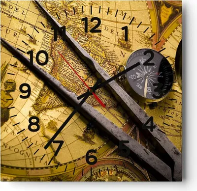 Produktbild von Wanduhr - Quadrat - Glasuhr - Kompass Abenteuer Reisen - 40x40cm - Schleichendes Uhrwerk - Lautlos - zum Aufhängen bereit - Dekoration Modern - Wanddekoration aus Glas - C4AC40x40-0146