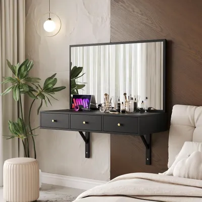 Image de Tablette de maquillage suspendue avec miroir, 3 tiroirs et prise intégrée, support pour tablette et espace pour boissons, noire, dimensions 100x105x45 cm
