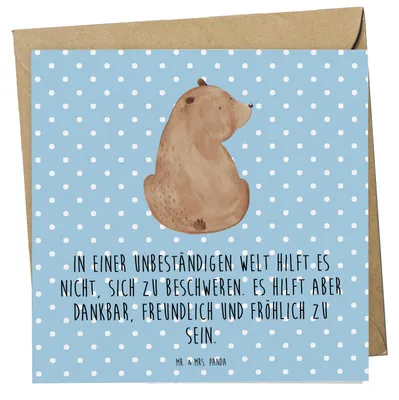 Produktbild von Mr. & Mrs. Panda Grußkarte Bär Schulterblick - Blau Pastell - Geschenk, faltkarte, Glückwunschkarte, Teddy, Bären, Weltansicht, doppelkarte, anlasskarte, Motivation