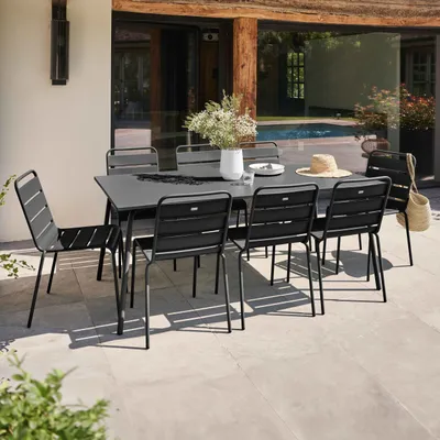 Produktbild von Gartentisch und 8 Stühle aus pulverbeschichtetem Stahl Grau - Oviala Palavas