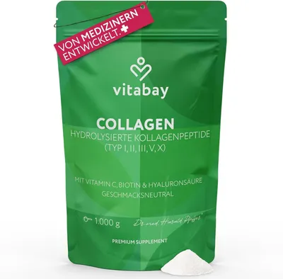 Produktbild von Vitabay Kollagen Pulver Komplex 1 kg Hochdosiert – Bioaktive Collagen Hydrolysat Peptide Typ 1, 2, 3, 5, 10 - mit Vitamin C, Biotin & Hyaluronsäure