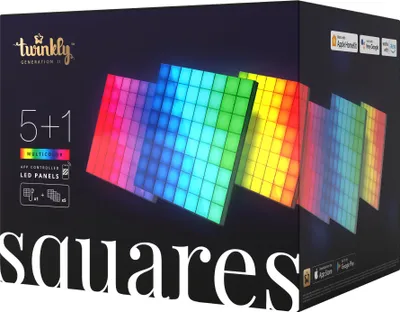 The image shows the packaging of Twinkly Squares LED panels.