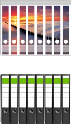 Produktbild von Wallario 8 Stück schmale Ordner inkl. Klebeetiketten mit Motive Farbenspiel im Himmel - Sonnenuntergang am Strand -  Set mit Rückenschildern / Ordnerrücken Stickern