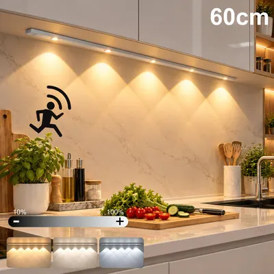 Produktbild von 60CM Led Unterbauleuchte Lichtleiste Mit Bewegungsmelder Kabellos Wiederaufladbare 3 Lichtfarbe Dimmbare Sensor Schrankleuchten, Silber.