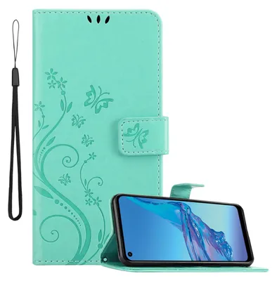 Produktbild von Cadorabo Hülle für Oppo A53s in FLORAL TÜRKIS Schutzhülle im Blumen Design mit Magnetverschluss, Standfunktion und Kartenfächern Flip Case Flower Cover Etui Handy Klapp Hülle Book Tasche