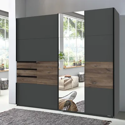 Produktbild von Schlafzimmer Schwebetürenschrank mit 3 Schubkästen und Spiegel in graphit mit Flagstaff Eiche Nb. BREGENZ-43, B/H/T ca. 180/198/65 cm