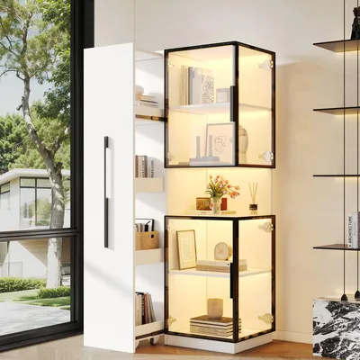 Produktbild von Vitrinenschrank 70x38x160cm Doppelglas-Standvitrine LED Ausziehregal Glasvitrine Weiß
