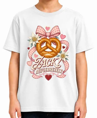 Zdjęcie produktu dla Zack! Koszulka z motywem precla, koszulka w stylu bawarskim, spodnie skórzane, sukienka w stylu bawarskim, koszulka dziecięca, biała, rozmiar 152