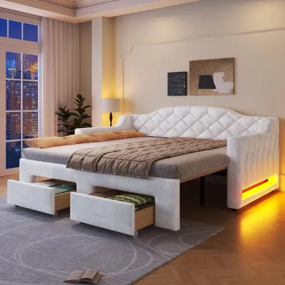 Image de Lit de jour 90-180x200, rembourré, avec 2 tiroirs, éclairage LED, flexible (blanc)