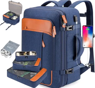 Image de Sac à dos de voyage, sac cabine (bleu), 42L, conforme aux réglementations aériennes, sac de voyage extensible, sac cabine, grand sac à dos de jour avec 4 organisateurs de rangement