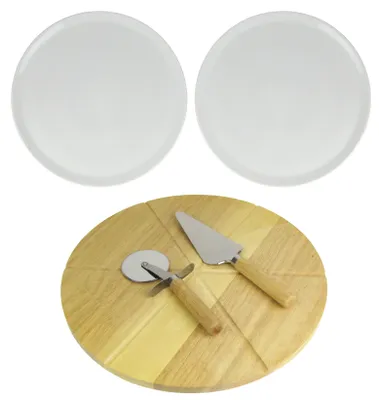 Produktbild von 2er Set Retsch Arzberg Pizzateller Ø 33cm inkl. Echtholz Pizzabrett Ø 35cm Edelstahl Pizzaschneider & Pizzaheber