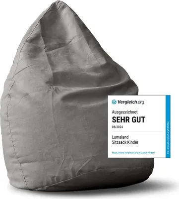 A gray beanbag chair is shown against a white background, with a review badge in the lower right corner.