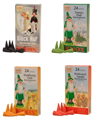 Produktbild von KNOX Räucherkerzen 4er Set - Glück Auf, Tanne, Waldhonig & Weihrauch-Sandel - 24 Stück pro Packung - Größe M