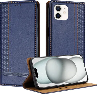 A blue leather flip case for an iPhone 12 is shown in an open position, with the phone displaying a screen.