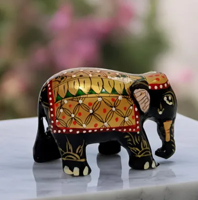 Hölzerne Elefantenfigur, handbemalt, Meenakari, 7,6 cm