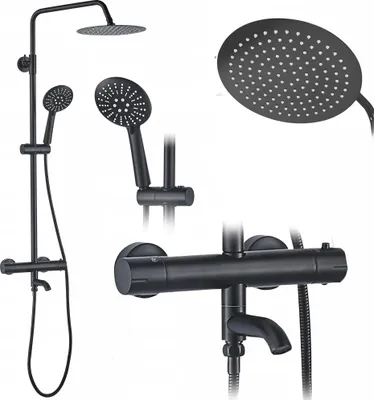 A black shower set with a main shower head, a handheld shower head, and a thermostat faucet.