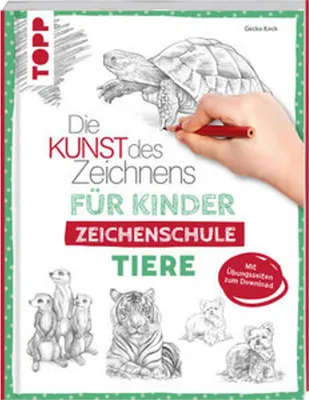 A book cover for a drawing tutorial for children, featuring various animals and a hand drawing a turtle.