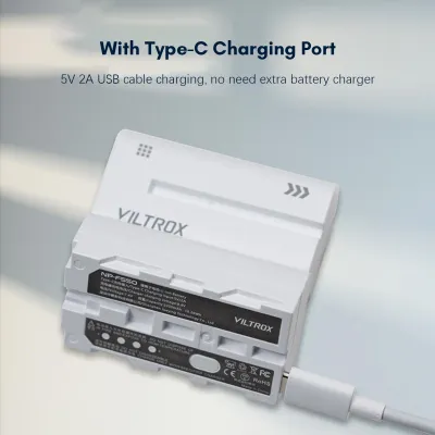 Obrázok produktu pre VILTROX NP-F550 batéria 2200 mAh Li-Ion s veľkou kapacitou a nabíjacím konektorom typu C. Indikátory prevádzky pre monitory fotoaparátov, LED videolampy