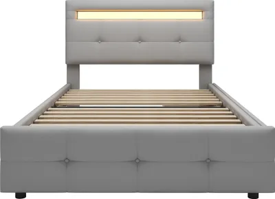 Produktbild von Fortuna Lai Polsterbett 90*200cm mit LED-Leuchten, 2 Schubladen, hautfreundlicher Leinenpolsterung flach Einzelbett Kinderbett Jugendbett Gästebett (Grau)