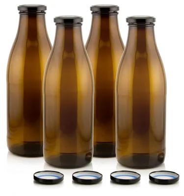 Milch Glasflaschen braun im Set mit 4 Flaschen und Ersatzdeckeln schwarz
