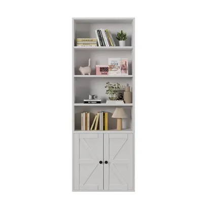 Produktbild von Vitrine – Mehrstufiges Bücherregal – Aufbewahrungsschrank – Holzregal – Vierstufiges Doppeltürregal – 60 × 23,5 × 180 cm – Weiß