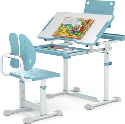 Immagine prodotto di Scrivania per bambini - Set con sedia - Regolabile in altezza - Piano inclinabile - Cassetto - Portalibri - Blu