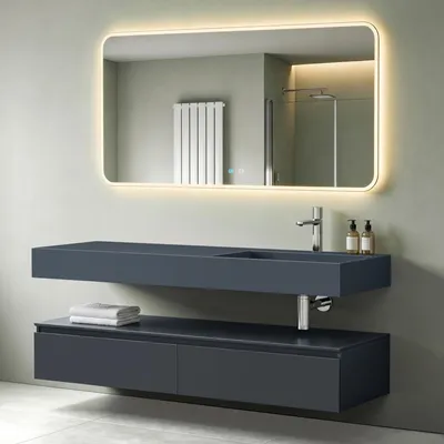 Produktbild von Mai & Mai Badmöbelset 150x48x25cm Unterschrank Anthrazit matt mit Soft-Close Schubladen inkl. Mineralguss-Waschbecken Rechts in Anthrazit matt und LED-Badspiegel