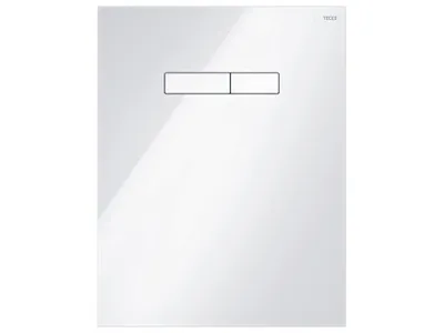 A white toilet flush plate with two buttons, with the brand logo in the top right corner.
