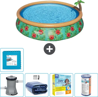 Immagine prodotto di Piscina gonfiabile rotonda Bestway ad ambientazione rapida - Paradise Print - 457 x 84 cm - inclusa pompa - tenda da sole - pacchetto manutenzione - filtro - piastrelle per il pavimento