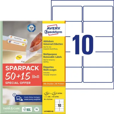 Produktbild von Avery Zweckform L4744REV-65 Universal-Etiketten, A4, 96 x 50,8 mm, 650 Etiketten/65 Bogen, weiß