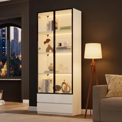 Produktbild von Merax Vitrine 80x34x200cm mit 2 Schubladen, Hochschrank mit LED und Stauraum Glasvitrine mit Aluminiumrahmen, Bücherregal für Wohnzimmer Weiß