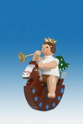 Produktbild von Holzfigur Engel auf Schaukelpferd Trompete und Krone Höhe 6cm NEU