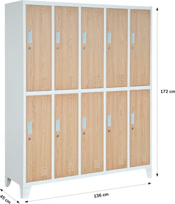 Image de Casier 5B2A Casier métallique sur pieds avec 10 cases Casier métallique avec 10 compartiments Porte-étiquette métallique 172 cm x 136 cm x 45 cm Couleur : Blanc / Chêne Sonoma