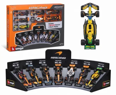 Produktbild von Bburago McLaren F1 Rennwagen Set 1:43 Sammlermodelle mit Display-Ständer 7er Pack