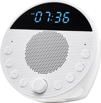 A white noise machine with a digital display and multiple buttons is shown against a white background.
