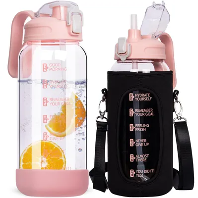 Produktbild von Wasserflasche Glas mit Trinkhalm, 2 Liter, mit Zeitmarkierungen, auslaufsicher, für die Küche